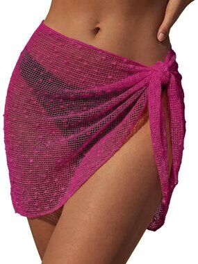 Women Hot Pink Polyester Short Crochet Bikini Coverup Skirts Wrap for Swimwear